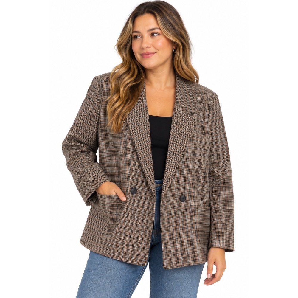 H&M Brown Houndstooth Double Breasted Blazer Oversized Jacket Womens XL